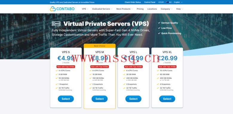 Contabo:美国、德国、新加坡等机房可选,4核8G高性价比VPS,200M-1Gbps不限流量,月付6.99美元起-南山主机测评