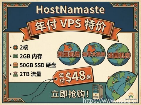 HostNamaste 年付 VPS 特价:2核 2GB 内存 / 50GB SSD / 2TB 流量,年付 $48 起,美国/加拿大/法国机房可选-南山主机测评