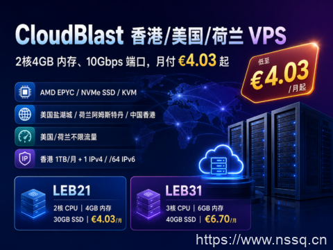 CloudBlast 香港/美国/荷兰 VPS:2核4GB 内存、10Gbps 端口,月付 €4.03 起-南山主机测评