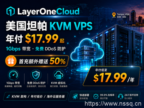 LayerOneCloud:美国坦帕 KVM VPS 年付 $17.99 起,1Gbps 带宽、免费 DDoS,首充额外赠送 50%-南山主机测评