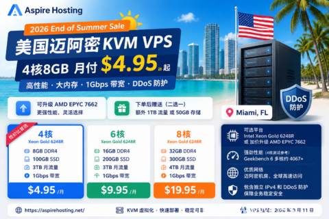 Aspire Hosting 美国迈阿密 VPS 夏季优惠:4核8GB 月付 $4.95 起,可选 AMD EPYC、赠 1TB 流量/50GB 存储-南山主机测评