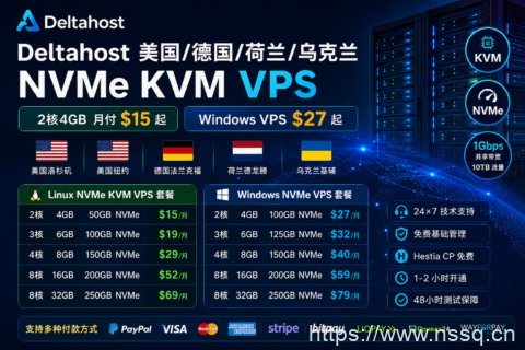 Deltahost 美国/德国/荷兰/乌克兰 NVMe KVM VPS：2核4GB 月付 $15 起，Windows VPS $27 起-南山主机测评
