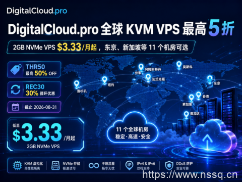 DigitalCloud.pro 全球 KVM VPS 最高 5 折:2GB NVMe $3.33/月起,东京、新加坡等 11 个机房可选-南山主机测评