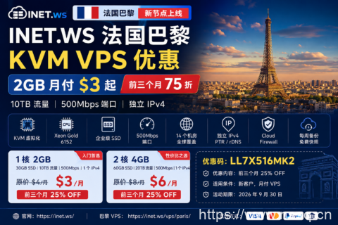 INET.WS 法国巴黎 KVM VPS 优惠:2GB 月付 $3 起,前三个月 75 折、10TB 流量-南山主机测评