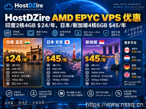 HostDZire AMD EPYC VPS优惠:印度2核4GB $24/年,日本/新加坡4核6GB $45/年-南山主机测评