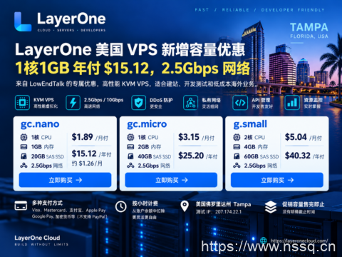 LayerOne LET VPS优惠:1核1GB/20GB SSD,2.5Gbps,年付$15.12起-南山主机测评