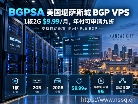 BGPSA 美国堪萨斯城 BGP VPS：1核2G $9.99/月，年付可申请九折，支持自动配置IPv4/IPv6 BGP-南山主机测评