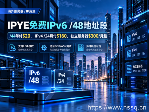 IPYE免费IPv6 /48地址段：/44年付$20，IPv4 /24月付$160，独立服务器$300/月起-南山主机测评