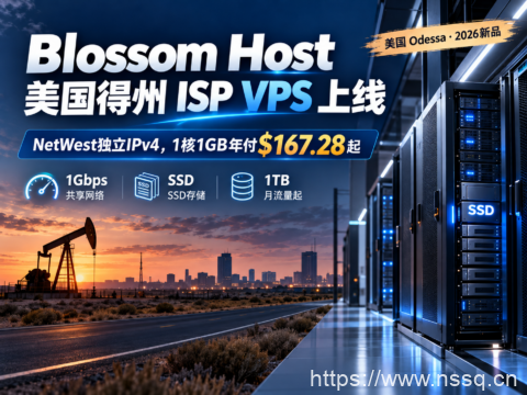 Blossom Host 美国得州 ISP VPS 上线：NetWest独立IPv4，1核1GB年付$167.28起-南山主机测评